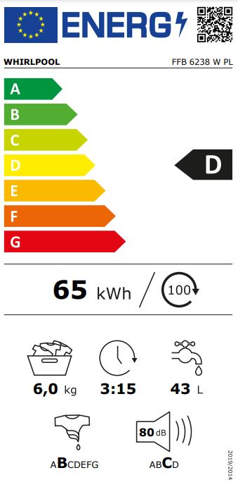 Etykieta energetyczna pralki Whirlpool FFB6238WPL