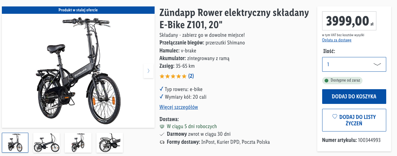 Rower elektryczny składany Zündapp  E-Bike Z101 lidl