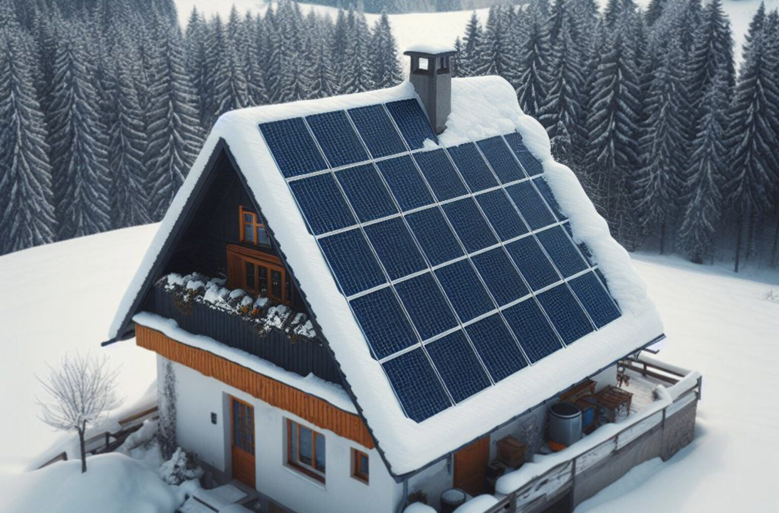 Czy panele fotowoltaiczne wymagają odśnieżania? Oto 5 powodów dlaczego domek jednorodzinny zaśnieżony z panelami słonecznymi na dachu, panele fotowoltaiczne