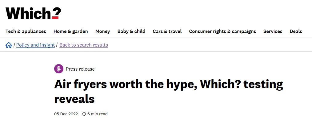 Which? Brytyjski zespół badawczy z badaniem na temat frytkownicy beztłuszczowych