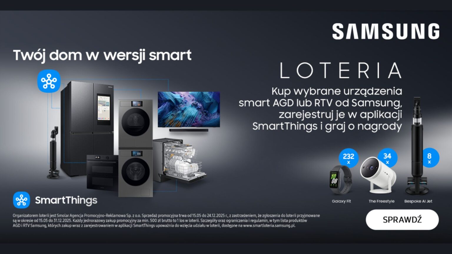 Kup sprzęt Samsunga do domu i zgarnij super nagrody! Codziennie masz szansę na wygraną Grafika promocyjna loterii Samsung SmartThings.
