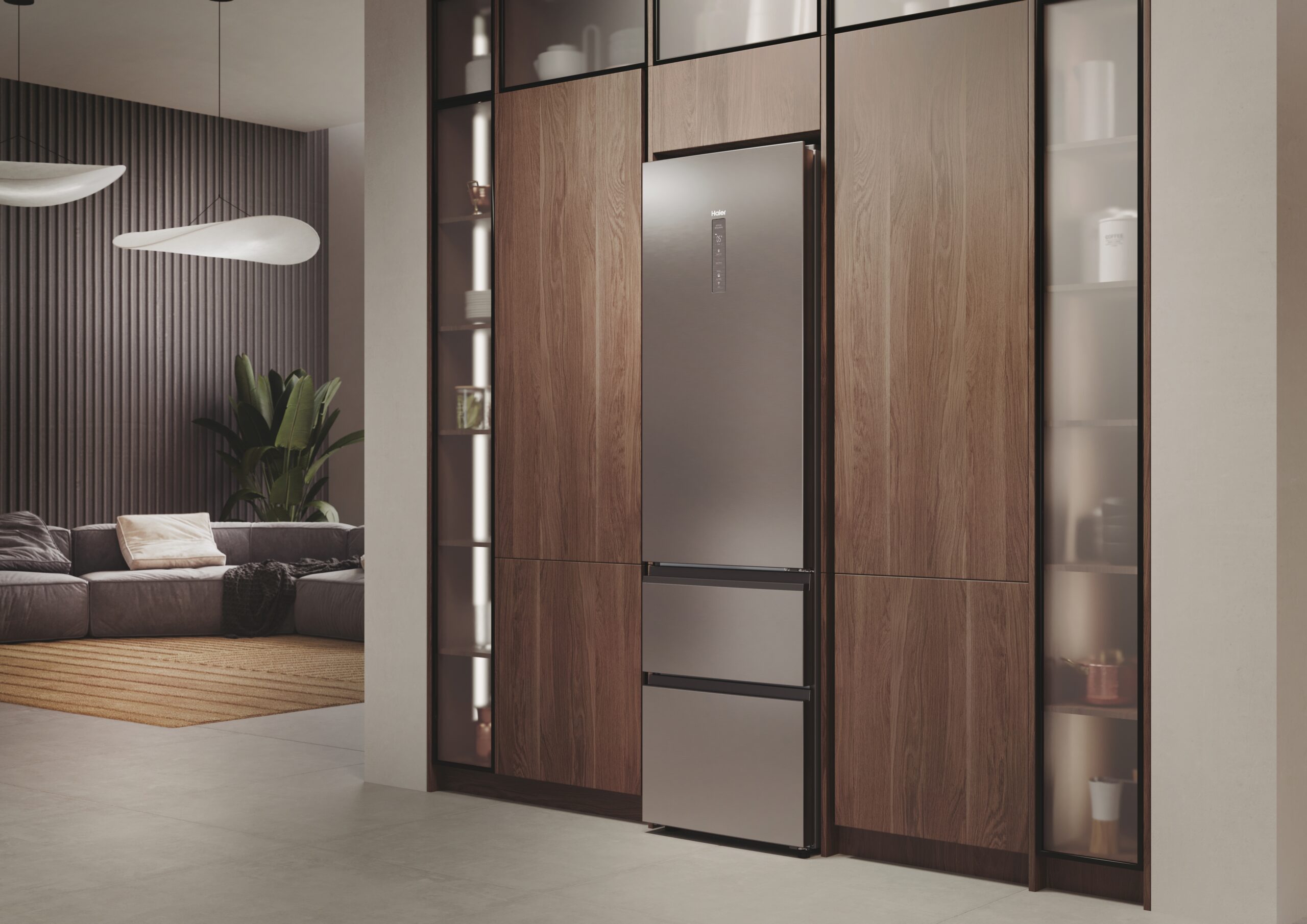 Chłodziarko-zamrażarka Haier 3D 60 serii 7 obudowana w salonie.