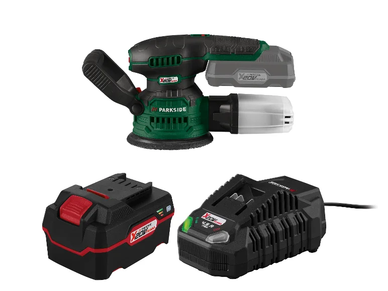 Akumulatorowa szlifierka mimośrodowa Parkside PAEXS 20-Li B2 z akumulatorem 4 Ah i ładowarką 4,5 A na białym tle.