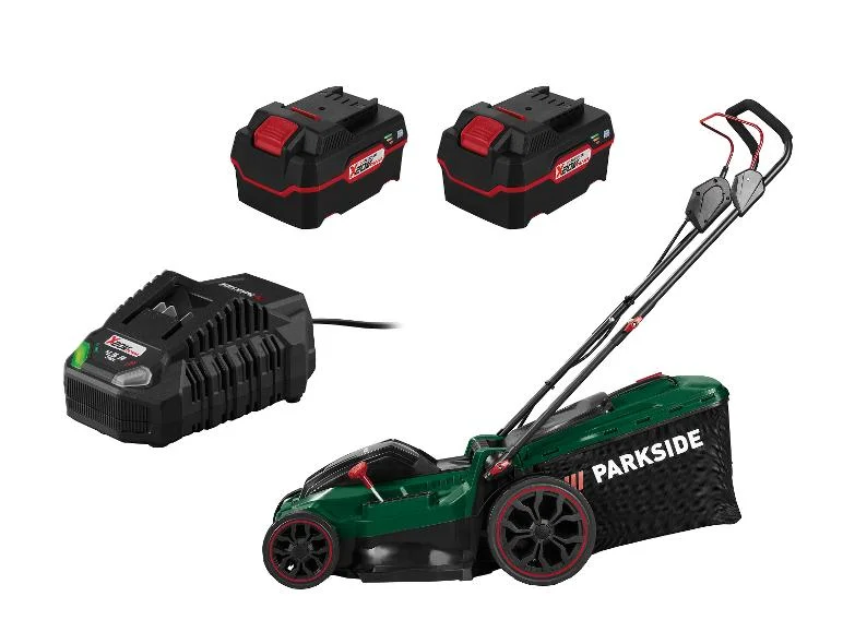 Parkside PRMA 40-Li D2 z 2 akumulatorami Smart 4 Ah i ładowarką 4,5 A na białym tle.