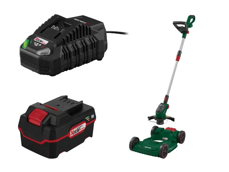 Akumulatorowa multipodkaszarka Parkside PAMT 20-Li A1 z akumulatorem 4 A i szybką ładowarką 4,5 A na białym tle.