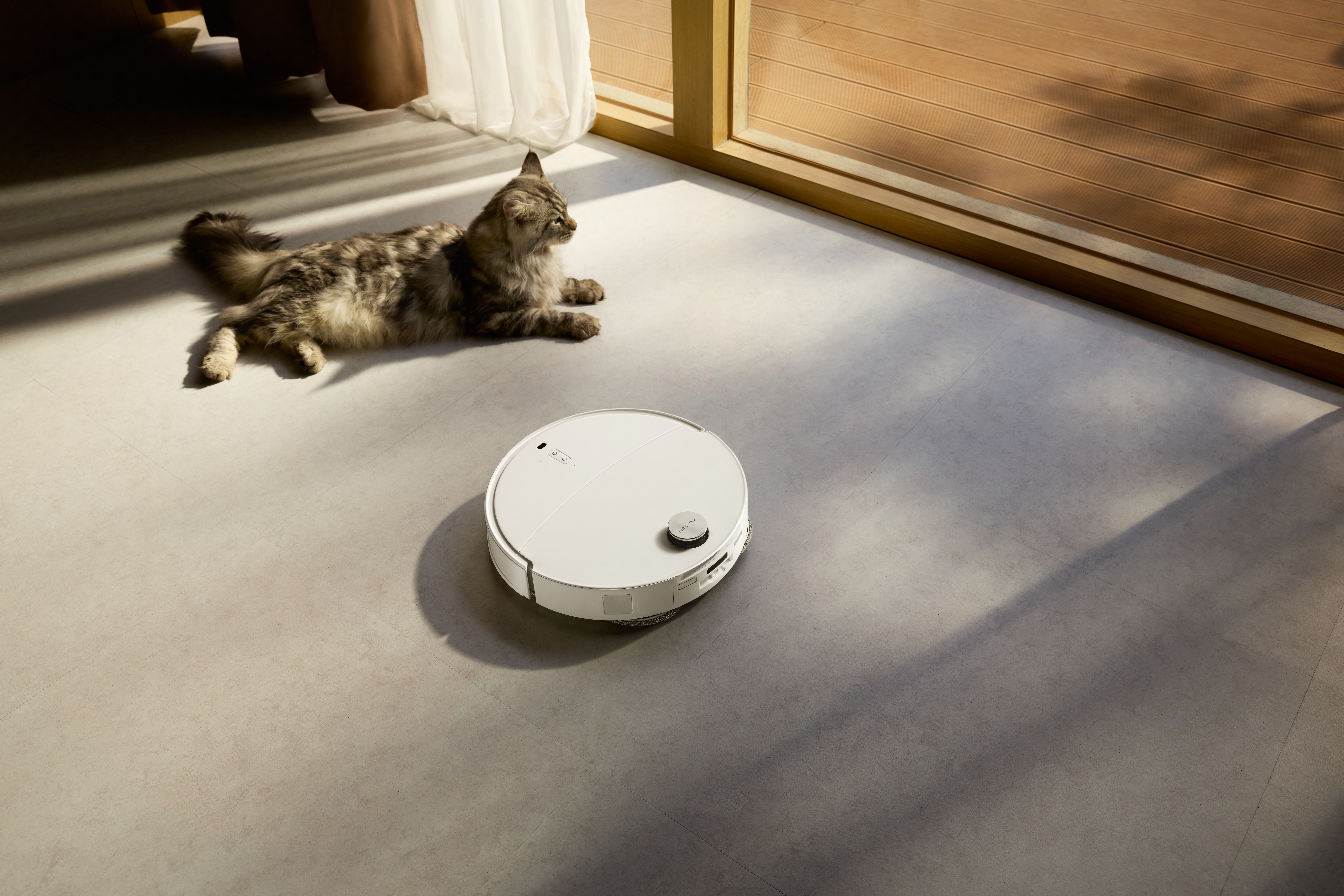 Jedyny taki Roborock w Polsce! Wysprząta tam, gdzie inne roboty nie wjadą Robot sprzątający Roborock Qrevo EdgeT na podłodze obok kota.