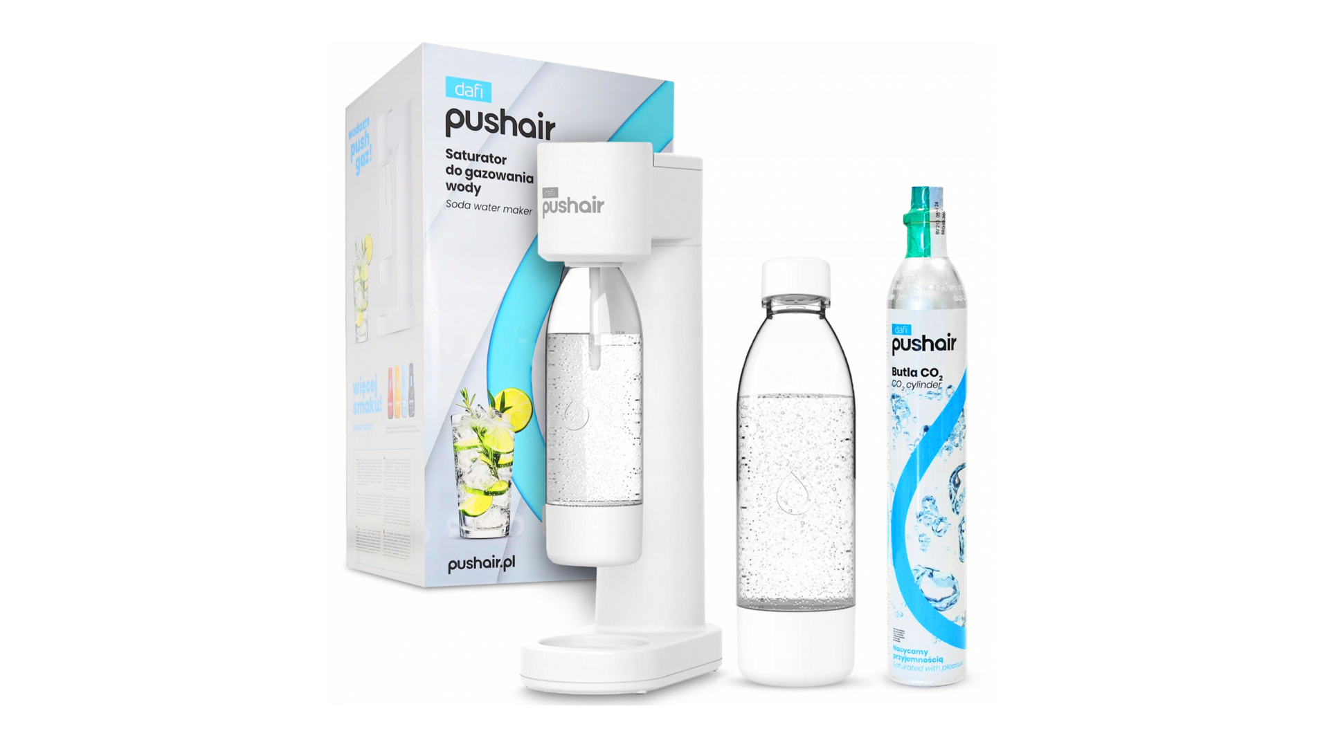 Biedronka znów zaskakuje! Butelka i syrop do PushAir za 1 zł Saturator Dafi PushAir, butelka 0,7 l, nabój CO2, biały